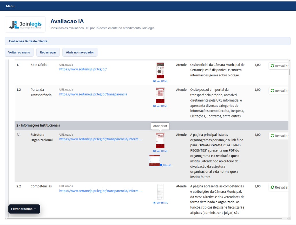 Tabela de Avaliação IA com critérios da Atricon, status Atende, justificativa e evidência da página analisada