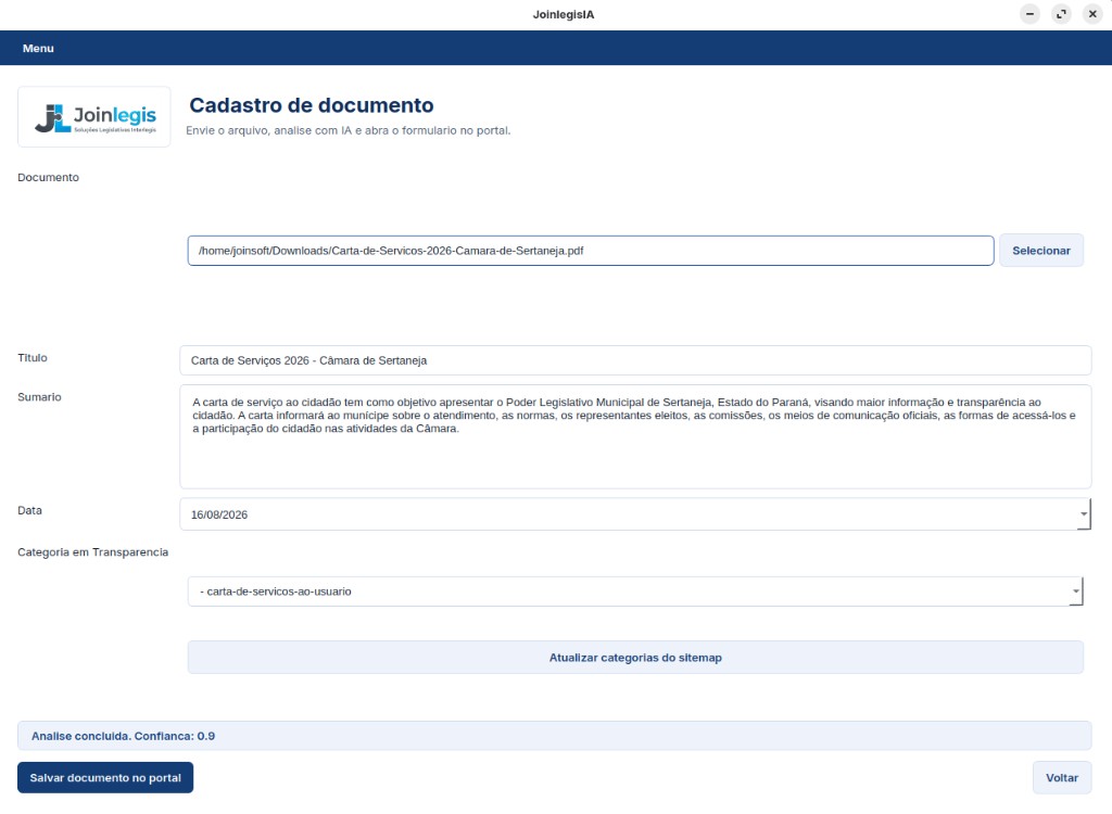 Tela de cadastro de documento da JoinlegisIA com título, sumário, data e categoria preenchidos pela IA